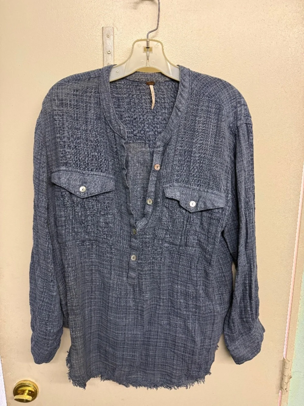 Free People Blue Soft Linen Button Down Top